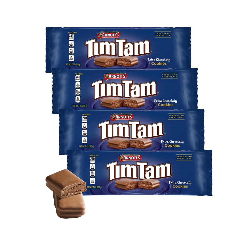 Tim Tam Extra Chocolatey Cookies with enhanced coating for a richer bite, ideal for tea time.