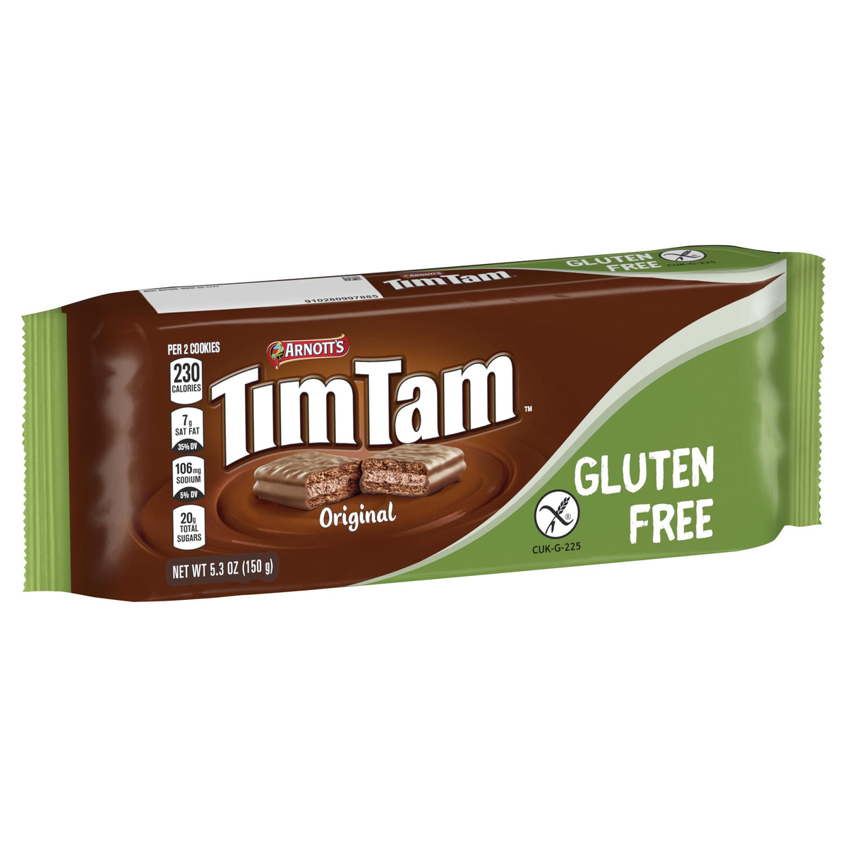 Tim Tam gluten-free original pack close-up shows triple-layer chocolatey middle.