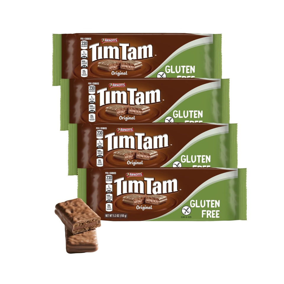 Tim Tam Gluten Free Original cookies in a 4-pack, ideal for sharing.