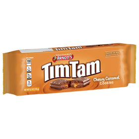 Close-up of Tim Tam broken to reveal caramel center and chocolate coating.