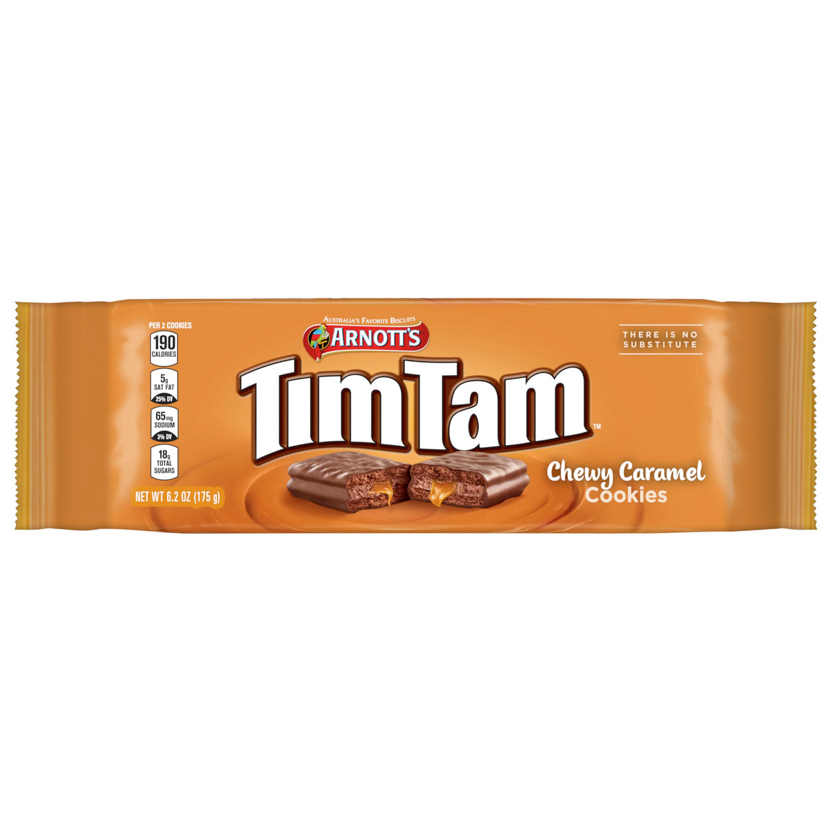 Tim Tam split view showcasing silky caramel and chocolatey layers.