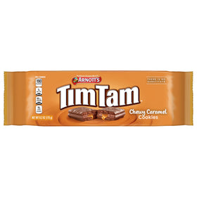 Tim Tam split view showcasing silky caramel and chocolatey layers.