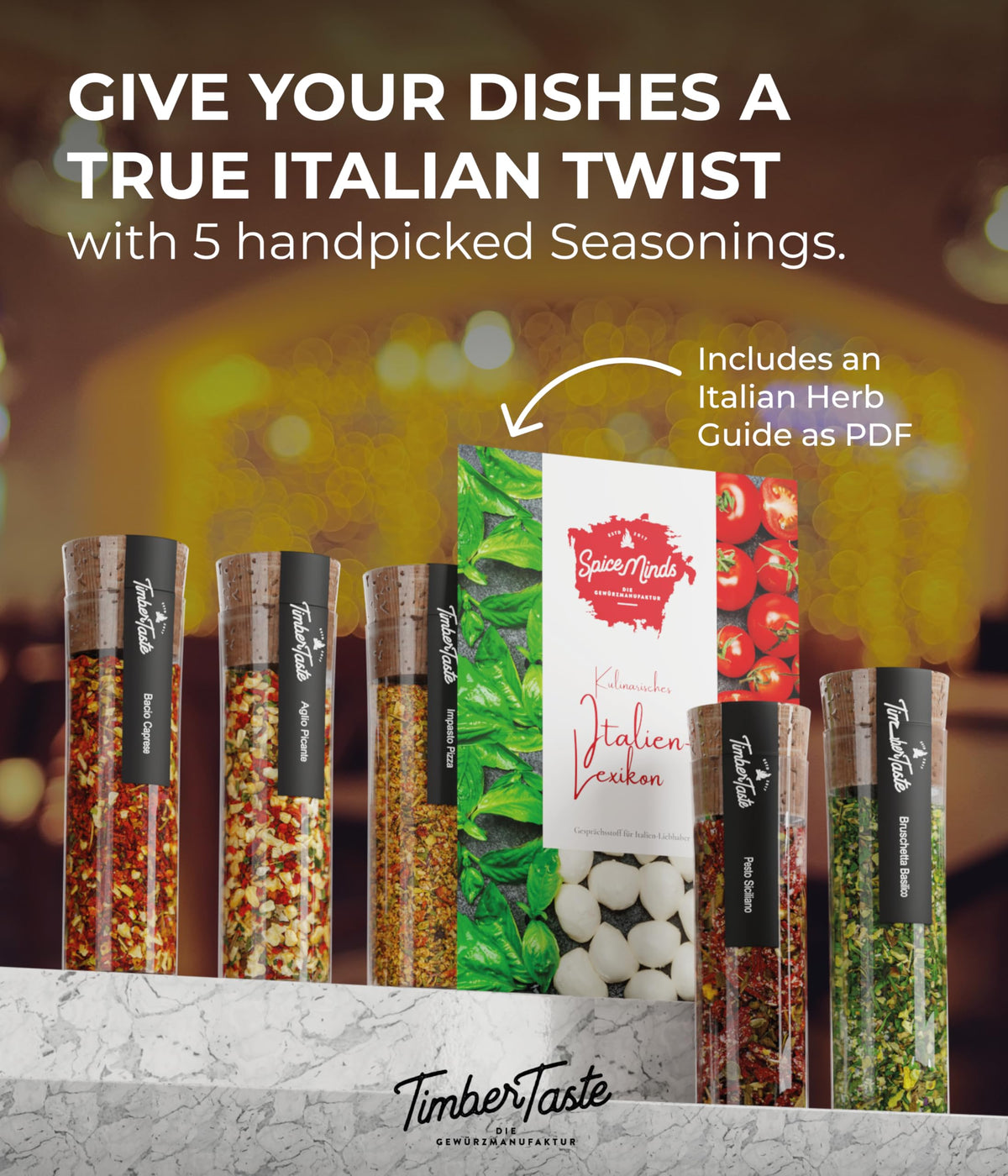 Timber Taste kitchen counter with seasonings, ready-to-try Italian flavors