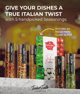 Timber Taste kitchen counter with seasonings, ready-to-try Italian flavors