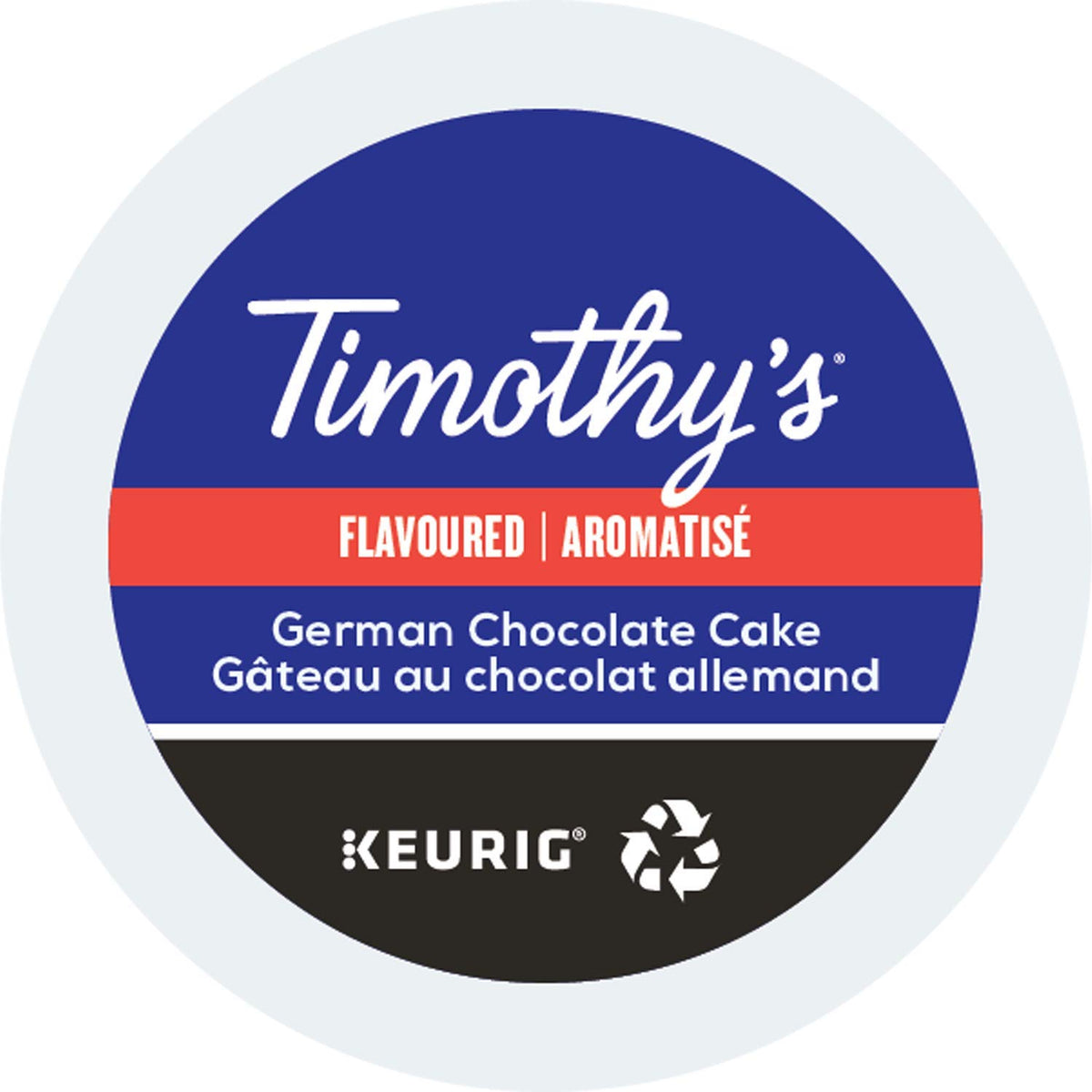Timothy's German Chocolate Cake K-Cup pack image: convenient single-serve brewing for Keurig machines.