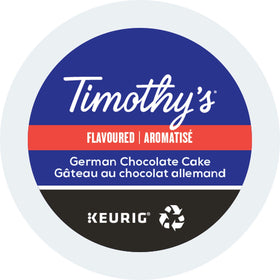 Timothy's German Chocolate Cake K-Cup pack image: convenient single-serve brewing for Keurig machines.