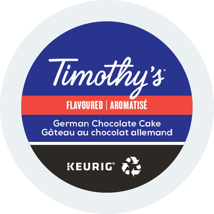 Timothy's German Chocolate Cake K-Cup pack image: convenient single-serve brewing for Keurig machines.