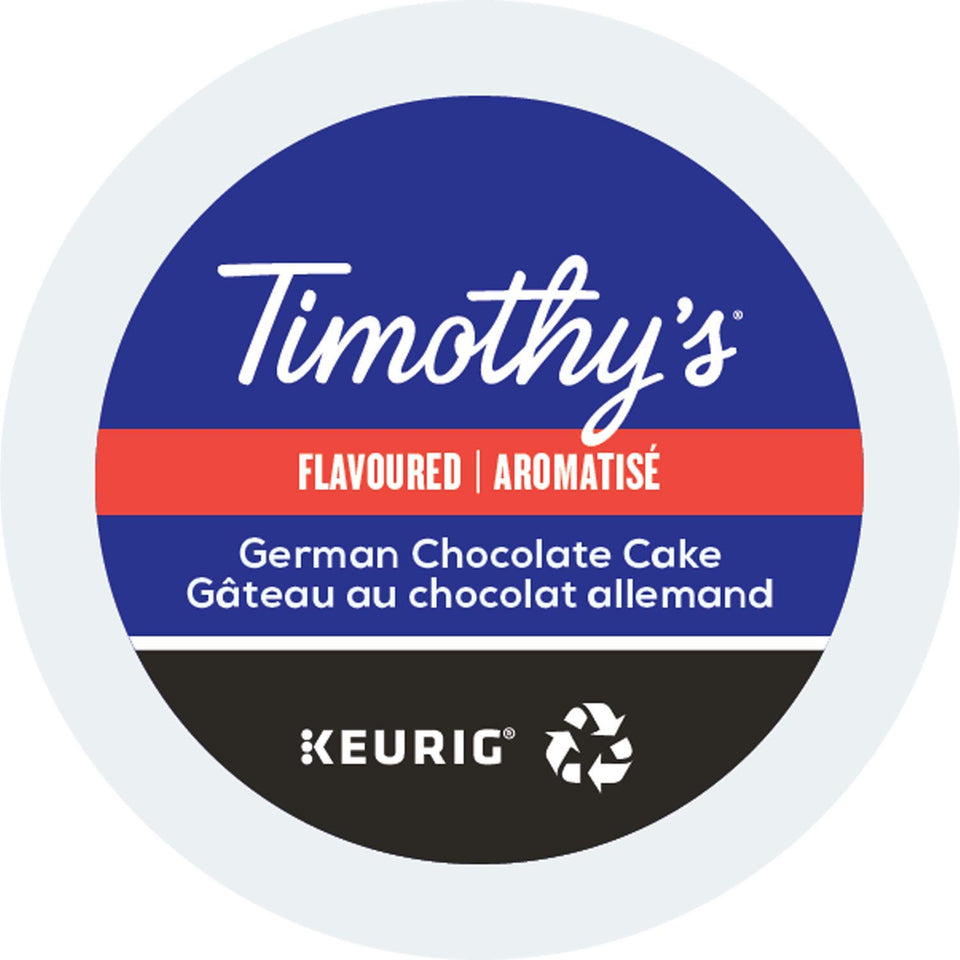 Timothy's German Chocolate Cake K-Cup pack image: convenient single-serve brewing for Keurig machines.