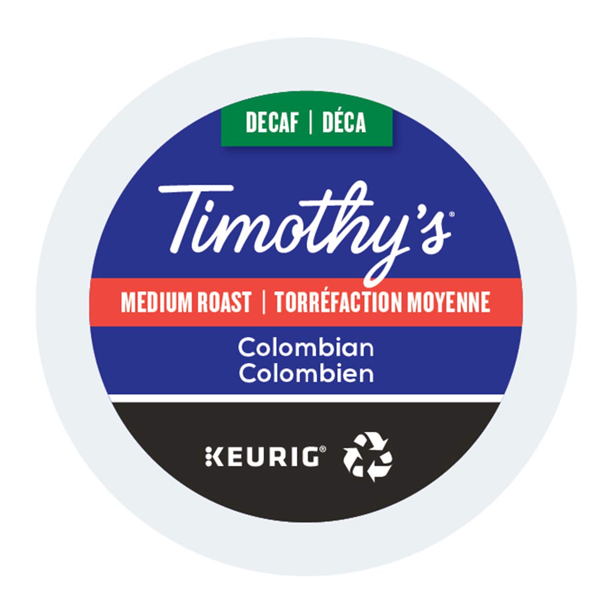 Timothys World Coffee Decaf Colombian K-Cup 24-count pack, convenient single-serve brewing.
