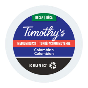 Timothys World Coffee Decaf Colombian K-Cup 24-count pack, convenient single-serve brewing.