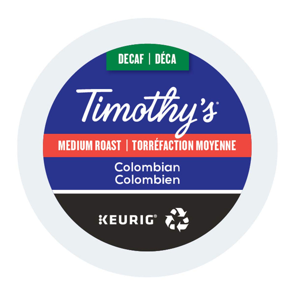 Timothys World Coffee Decaf Colombian K-Cup 24-count pack, convenient single-serve brewing.