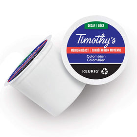 Timothys Decaf Colombian K-Cup with Airtight Packaging preserves freshness and flavor.