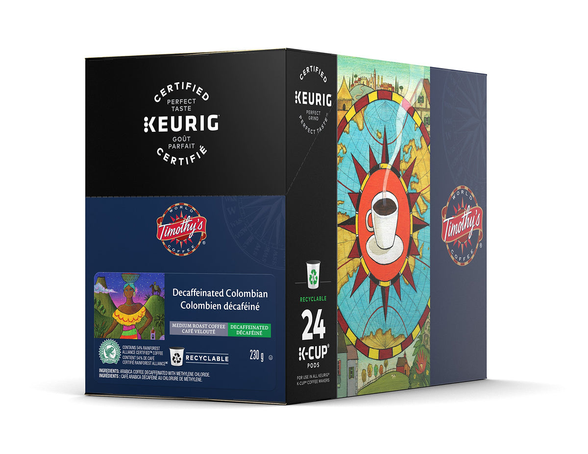 Timothys Decaf Colombian K-Cup in brewer-ready form for a smooth cup.