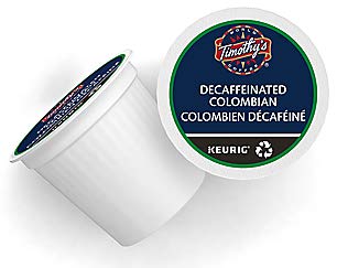 Timothy's World Coffee decaf Colombian K-Cups in brew-ready packaging for easy mornings