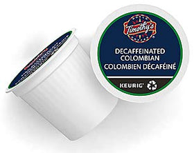 Timothy's World Coffee decaf Colombian K-Cups in brew-ready packaging for easy mornings
