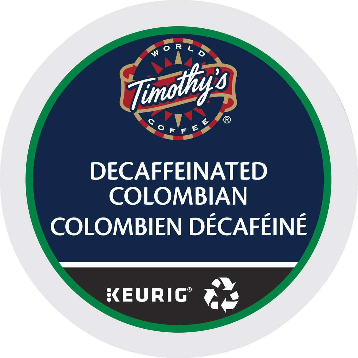 Timothy's World Coffee decaf Colombian K-Cups 4x24 on shelf for convenient brewing