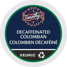 Timothy's World Coffee decaf Colombian K-Cups 4x24 on shelf for convenient brewing