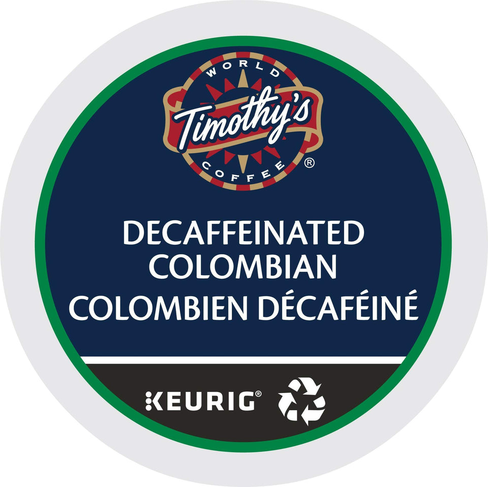 Timothy's World Coffee decaf Colombian K-Cups 4x24 on shelf for convenient brewing