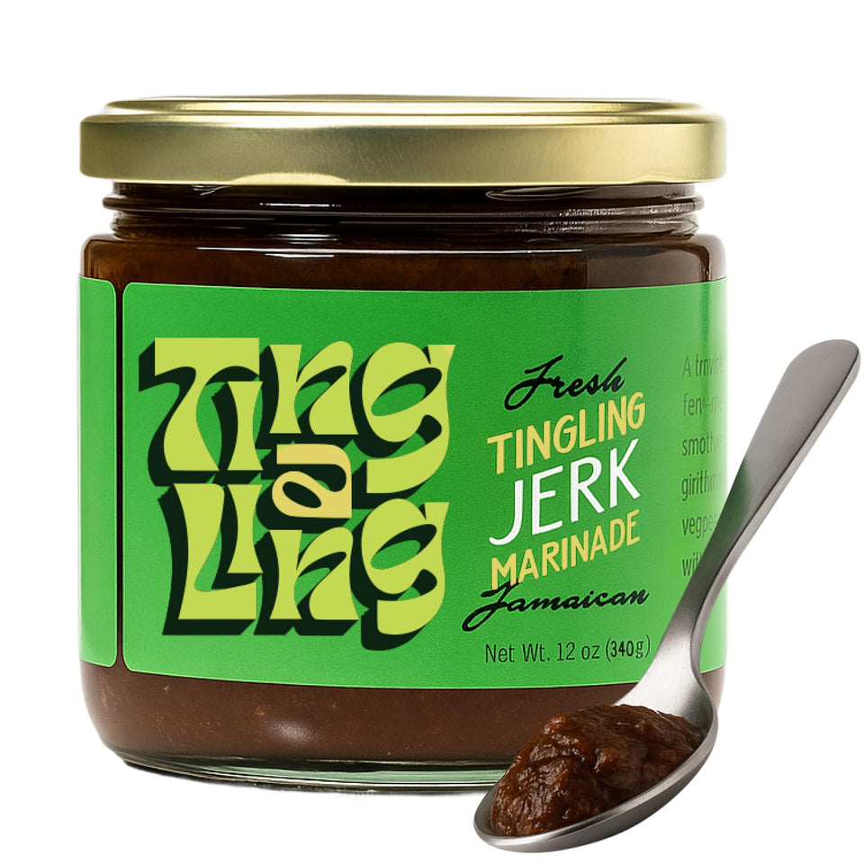 Ting A Ling Jerk Marinade bottle highlights authentic Caribbean flavor for grilling.