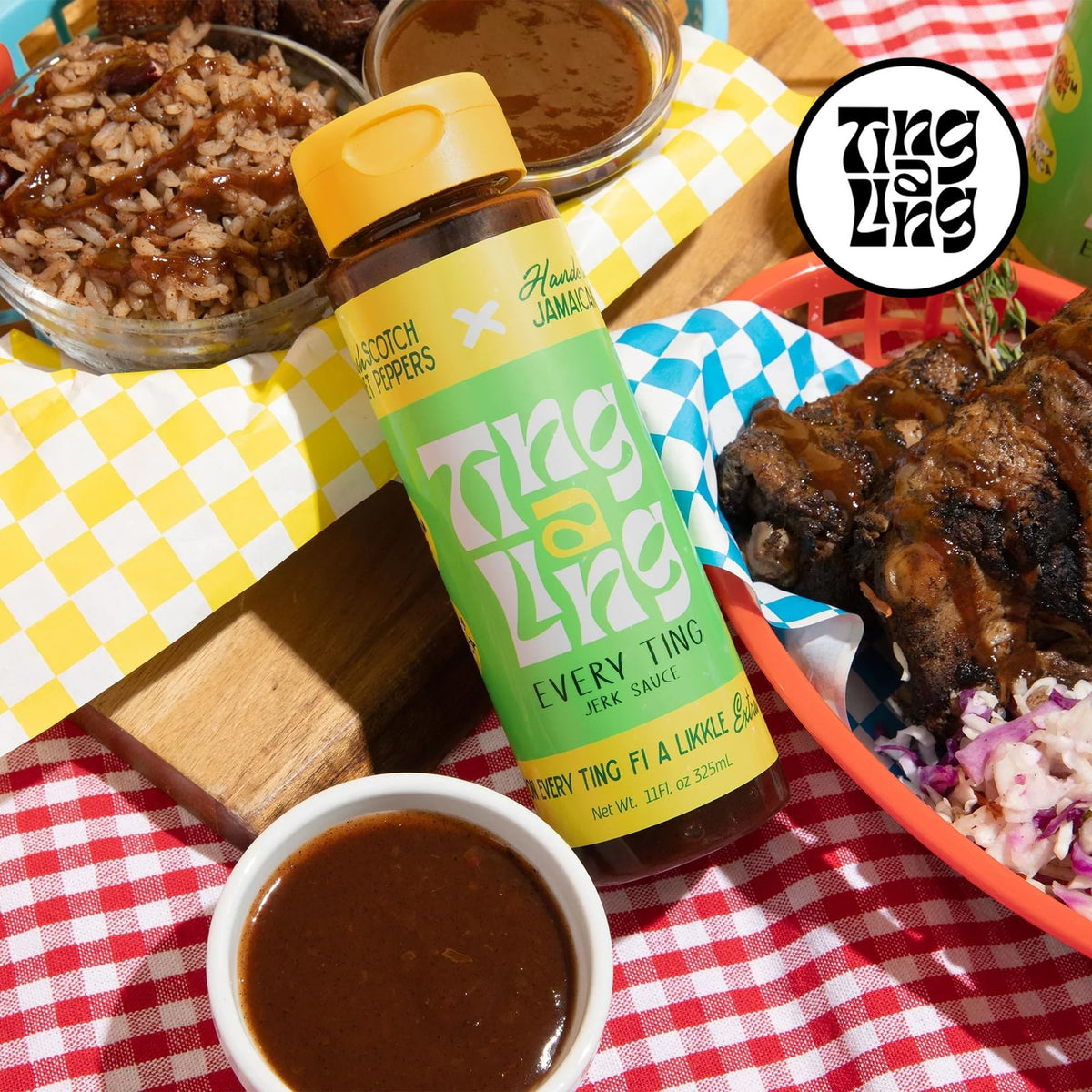 Every Ting Jerk Sauce bottle closeup shows clean ingredients