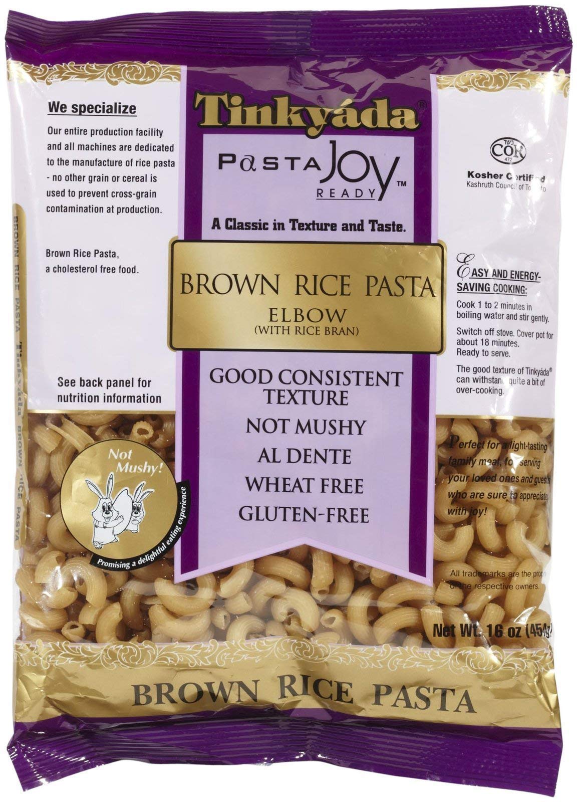 Tinkyada brown rice elbow pasta pack of three, gluten-free dinner option