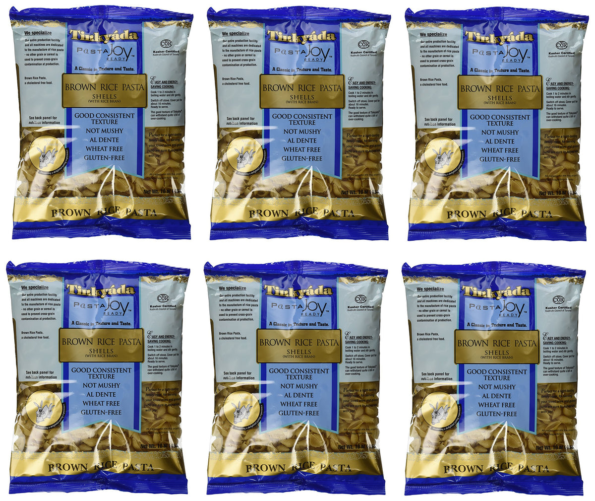 Tinkyada brown rice pasta shells in a 6-pack for gluten-free family meals.