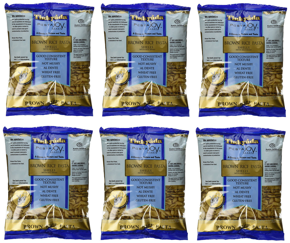 Tinkyada brown rice pasta shells in a 6-pack for gluten-free family meals.