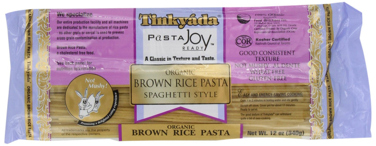 Tinkyada Brown Rice Pasta spaghetti pack, organic and gluten-free, ideal for versatile, family-friendly meals.