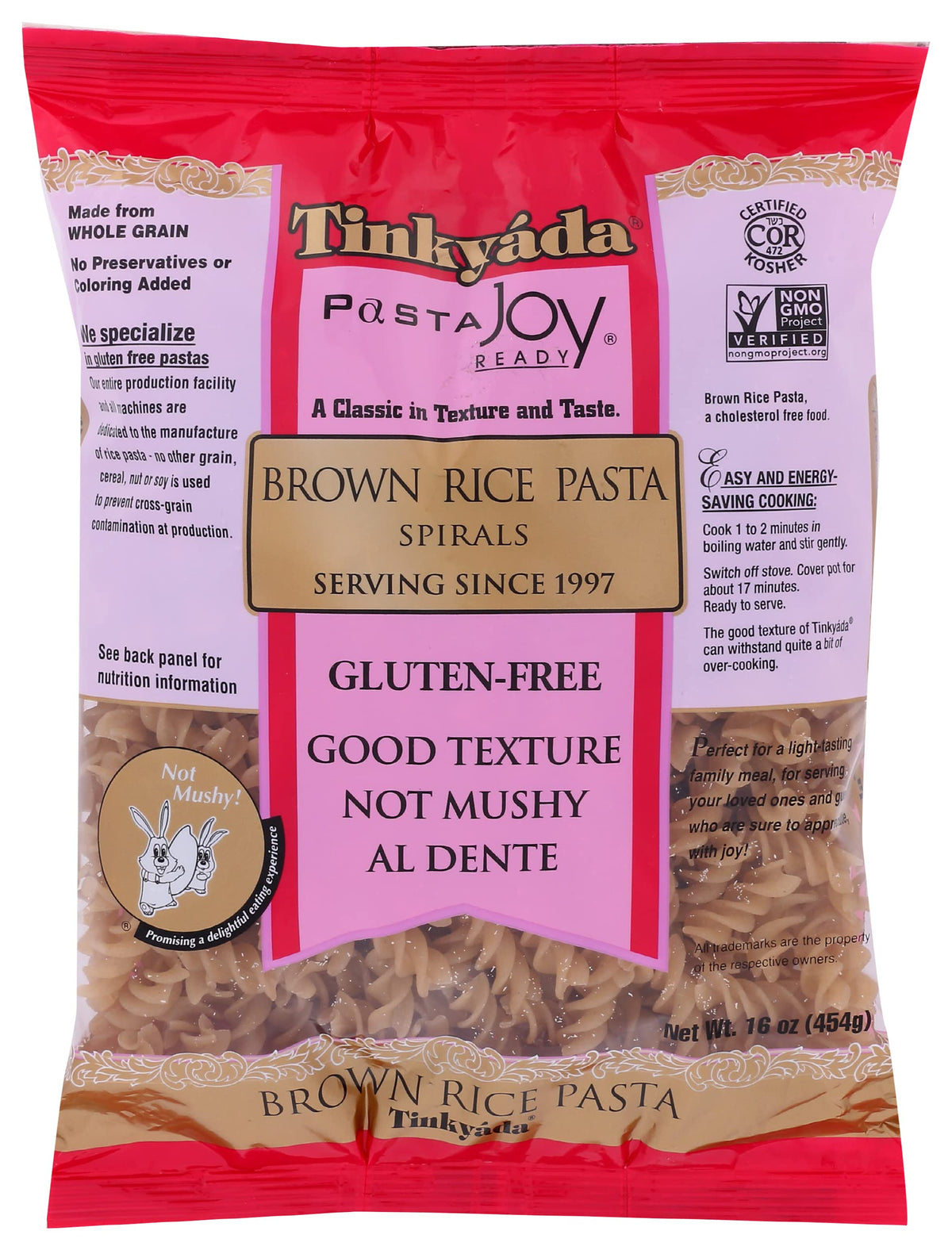 Tinkyada brown rice pasta spirals in a serving bowl, gluten-free and al dente.
