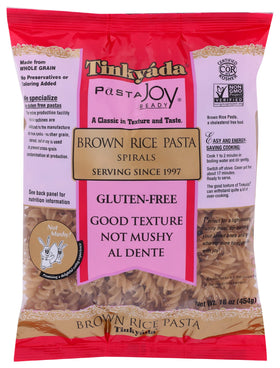 Tinkyada brown rice pasta spirals in a serving bowl, gluten-free and al dente.