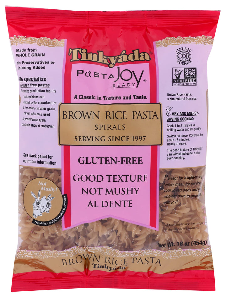Tinkyada brown rice pasta spirals in a serving bowl, gluten-free and al dente.