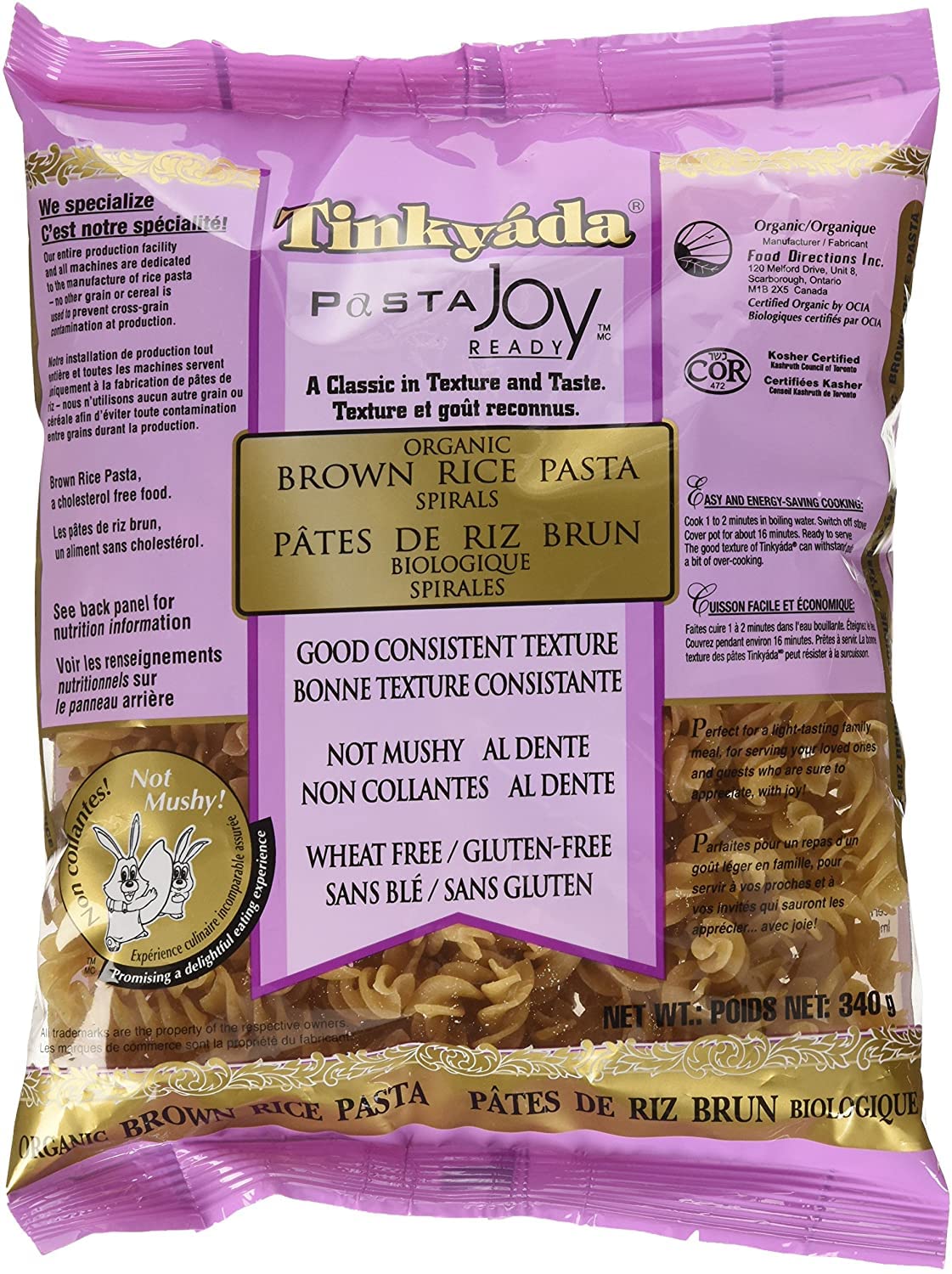 Tinkyada gluten free organic brown rice pasta spirals in packaging for easy meals
