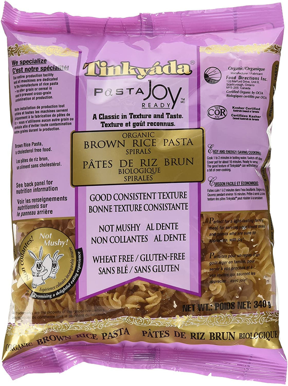 Tinkyada gluten free organic brown rice pasta spirals in packaging for easy meals