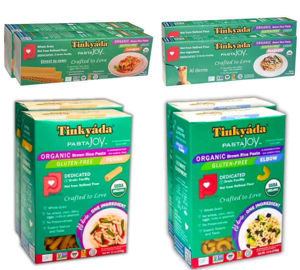 Tinkyada elbow pasta pack showing gluten-free brown rice variety for versatile meals
