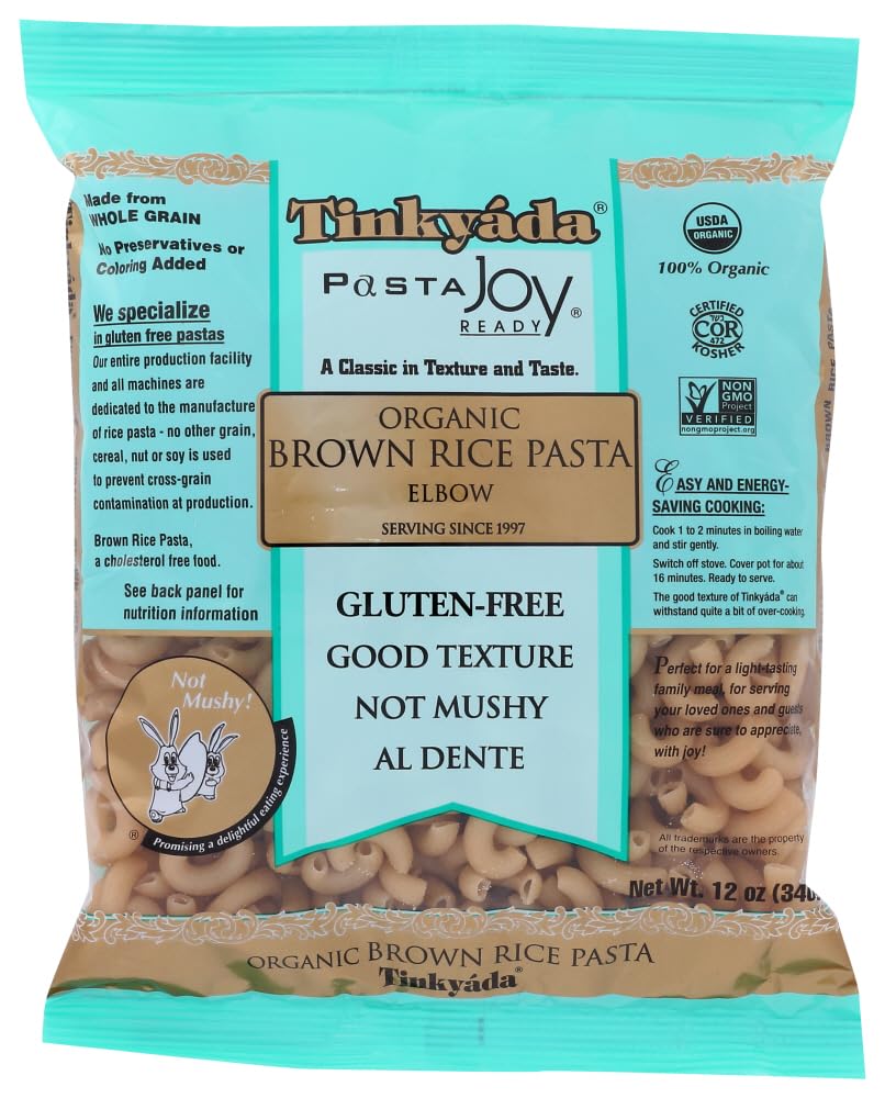 Tinkyada Organic Brown Rice Pasta Elbows packaging showing gluten-free convenience