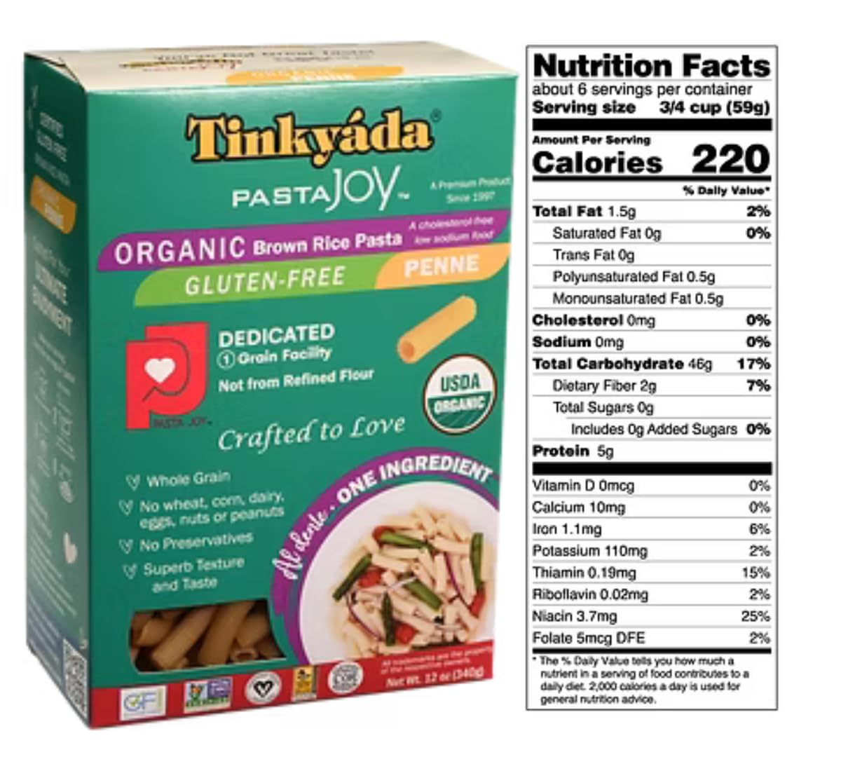 Tinkyada organic brown rice pasta ingredients image showing certified organic quality