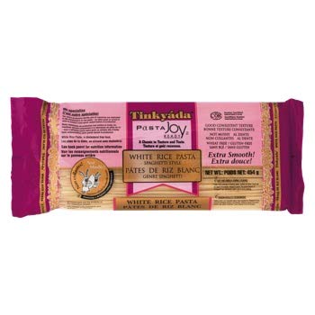 Tinkyada Spaghetti White Rice Pasta package showcasing gluten-free, kosher pasta for everyday meals.