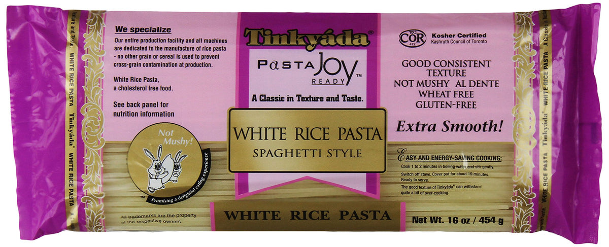 Tinkyada white rice pasta spaghetti 16 oz case twelve, convenient pack for allergy-friendly meals.