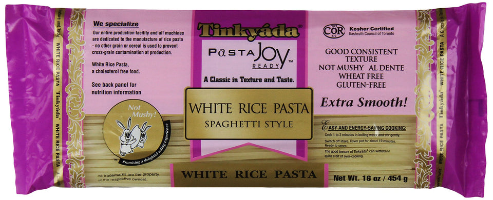 Tinkyada white rice pasta spaghetti 16 oz case twelve, convenient pack for allergy-friendly meals.