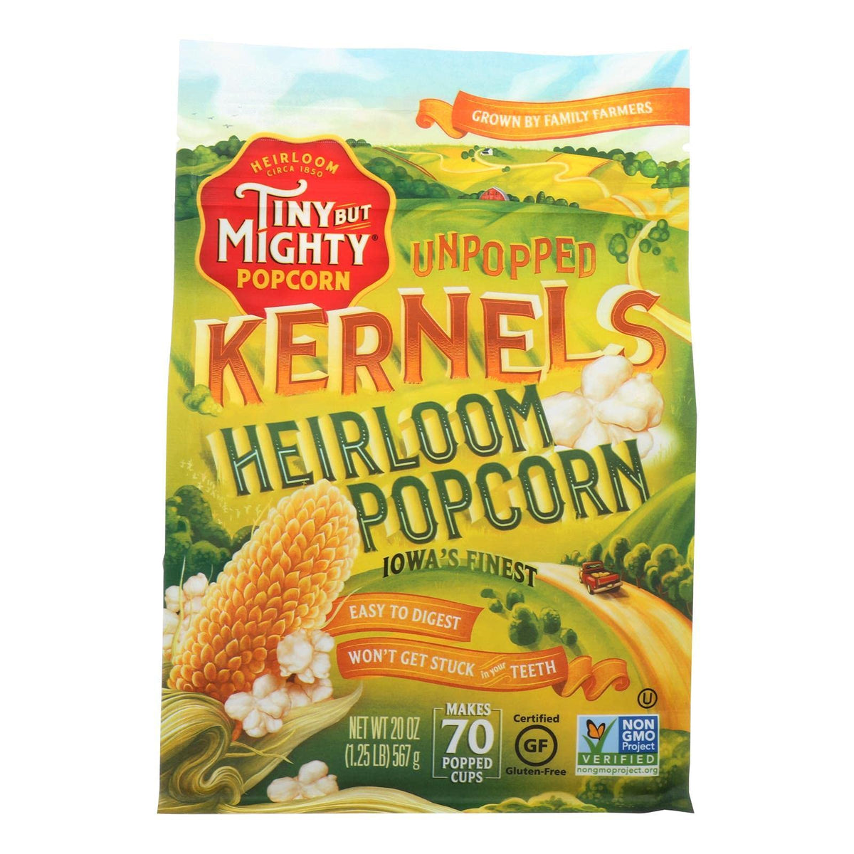 Tiny But Mighty heirloom popcorn bag front view, premium snack option.