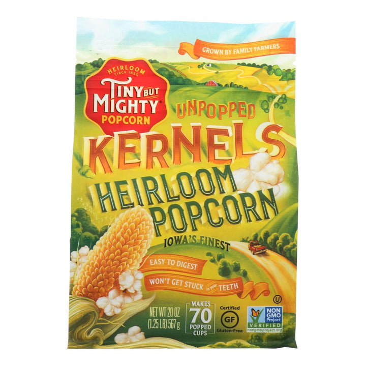 Tiny But Mighty heirloom popcorn bag front view, premium snack option.