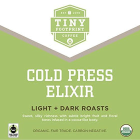Tiny Footprint Coffee Cold Press Elixir beans: shade-grown Arabica for rich, balanced flavor.