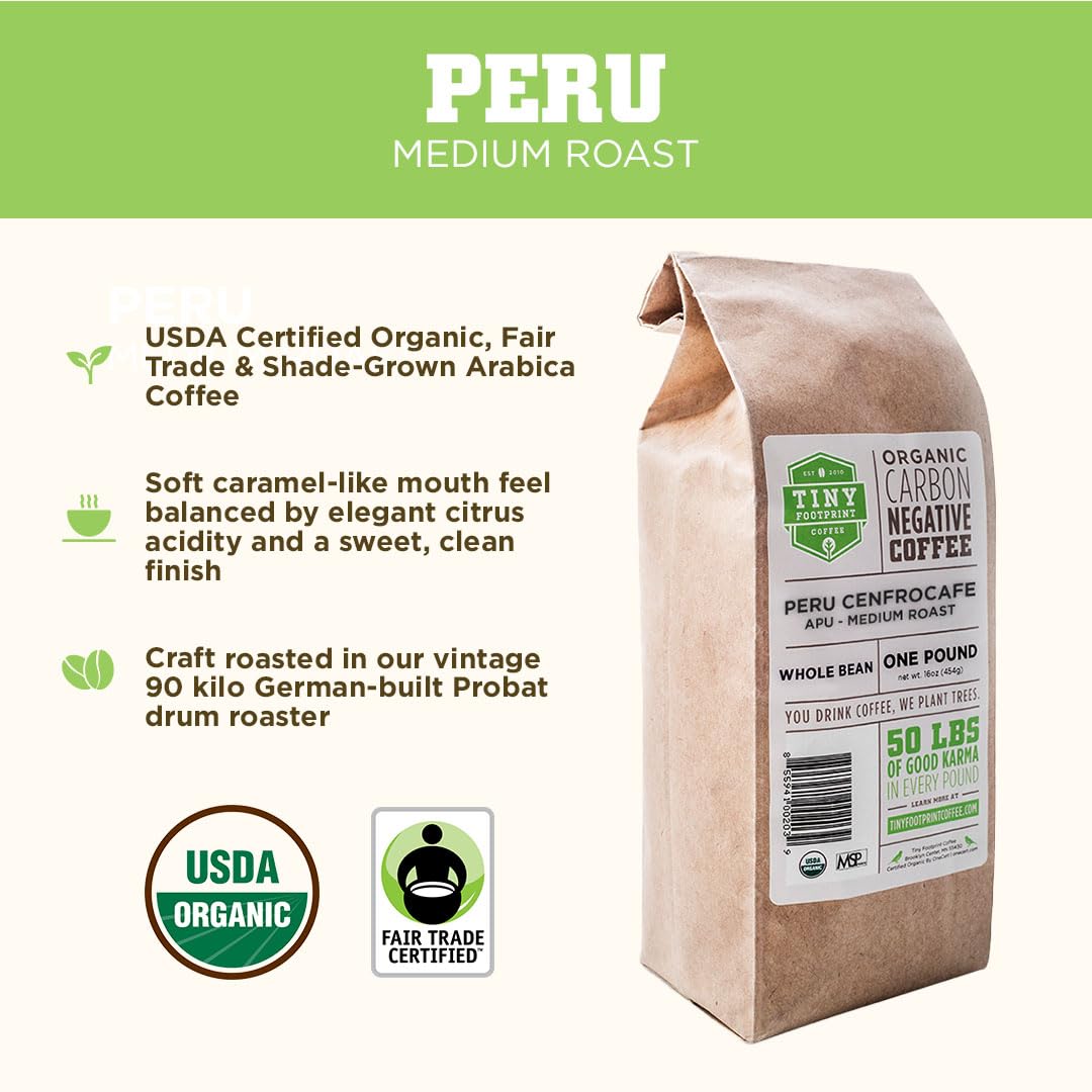 Tiny Footprint Coffee label shows USDA Organic and Fair Trade certification.
