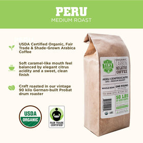 Tiny Footprint Coffee label shows USDA Organic and Fair Trade certification.