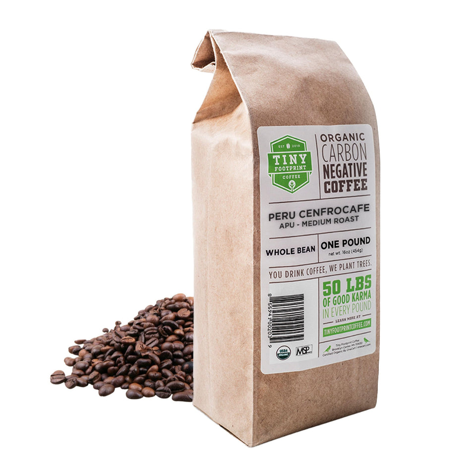 Tiny Footprint Coffee Peru APU medium roast bag with eco-friendly packaging and carbon-negative mission.