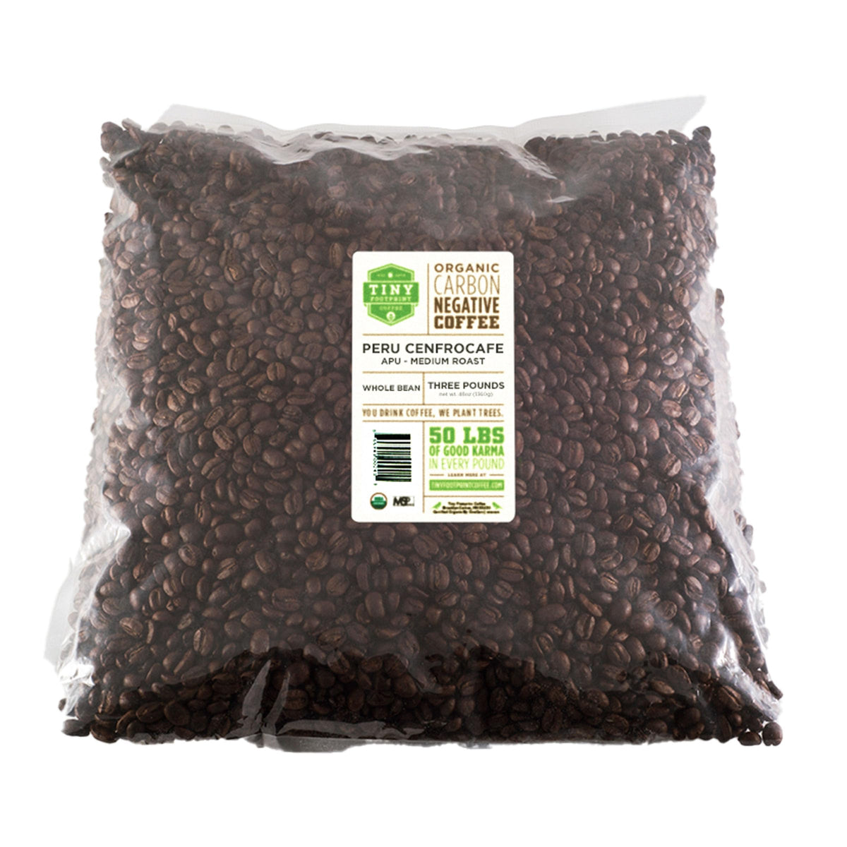 Tiny Footprint Coffee Peru APU whole bean with caramel and citrus notes.
