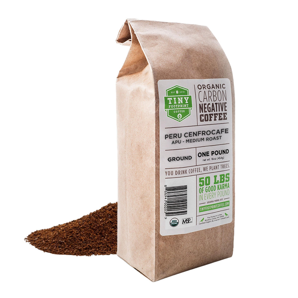 Tiny Footprint Coffee Peru medium roast ground 16oz for a smooth everyday brew.