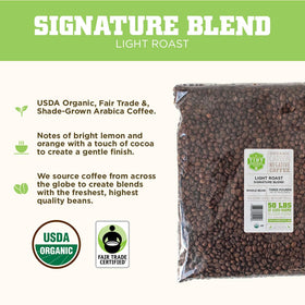 Tiny Footprint Coffee Signature Blend Light Roast beans close-up shows organic quality and sustainable sourcing.