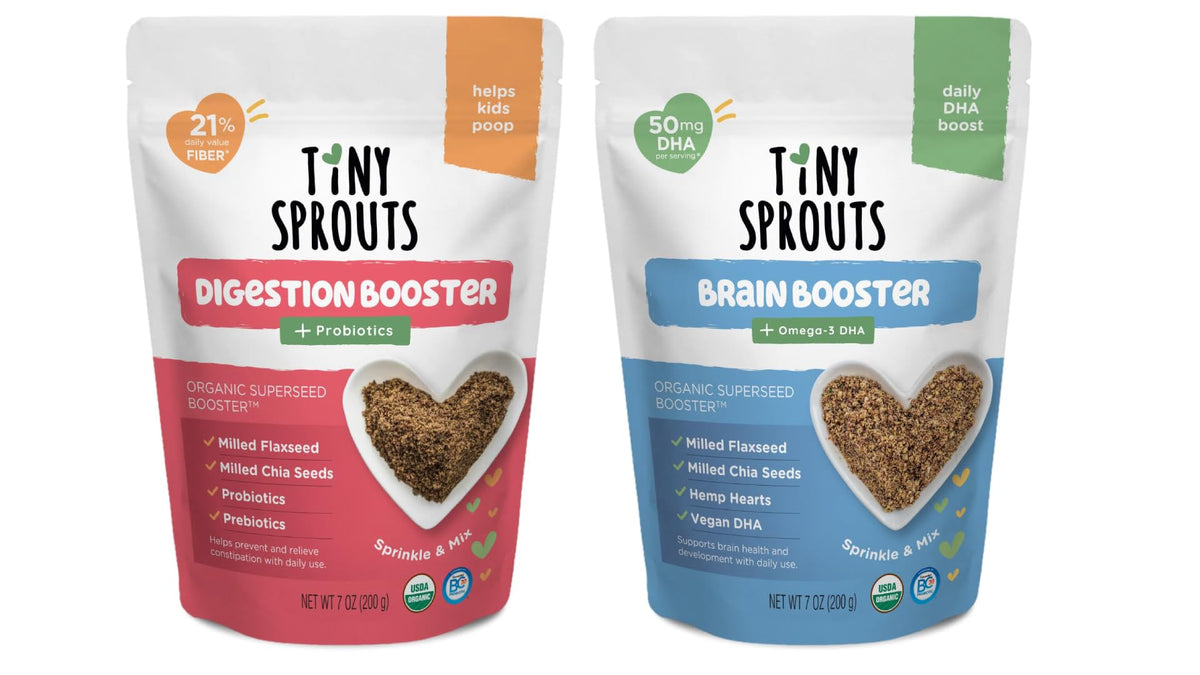 Tiny Sprouts Brain Booster bottle pour to support kid focus at breakfast