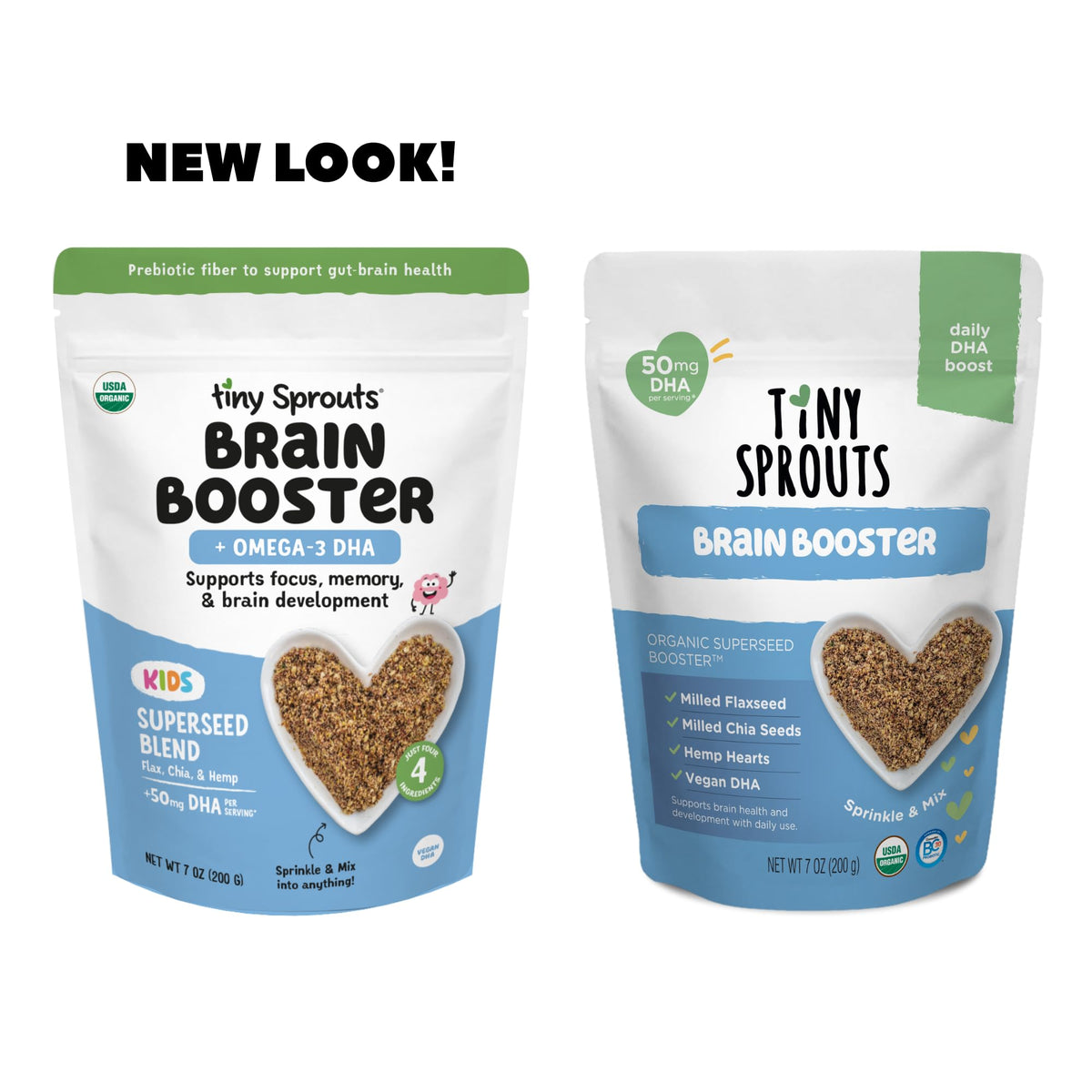Tiny Sprouts brain booster ingredients closeup — omega-3 rich blend supports learning potential.